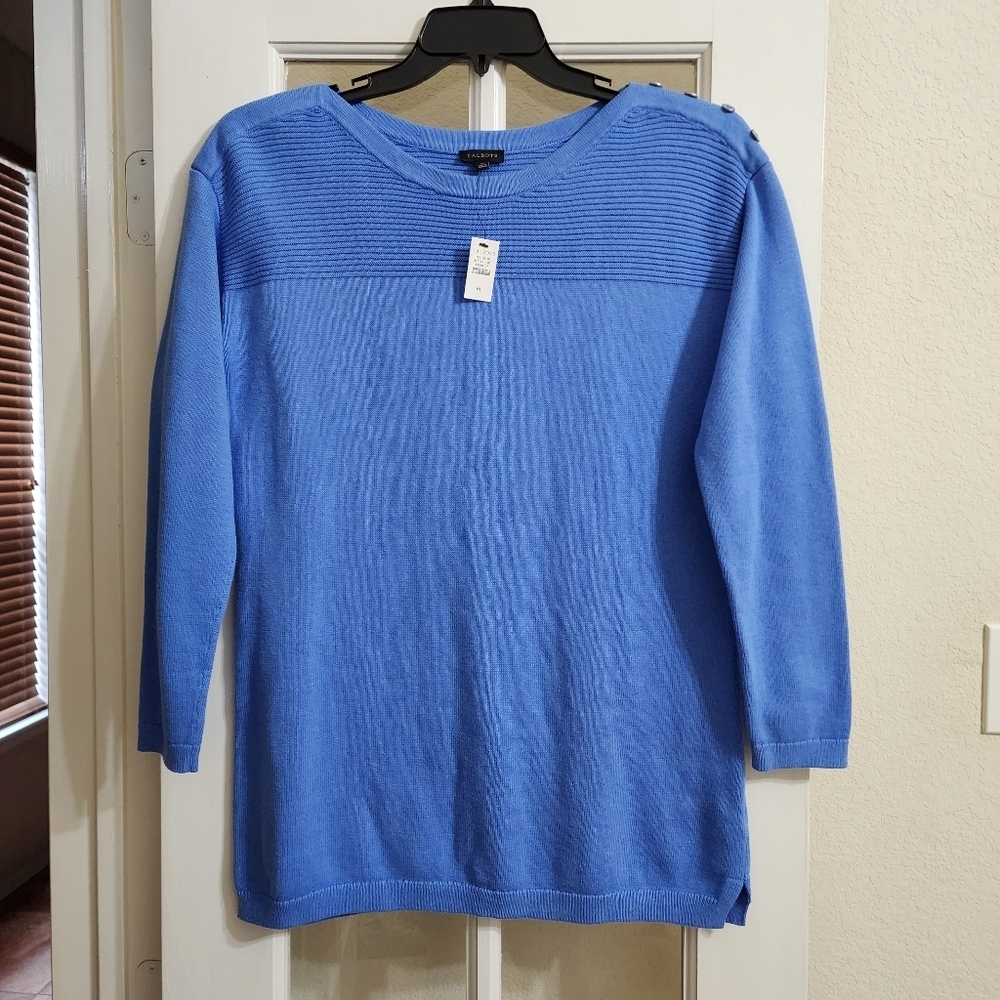 NWT Talbots Blue Boatneck Sweater Medium Long Sleeve Button Shoulder